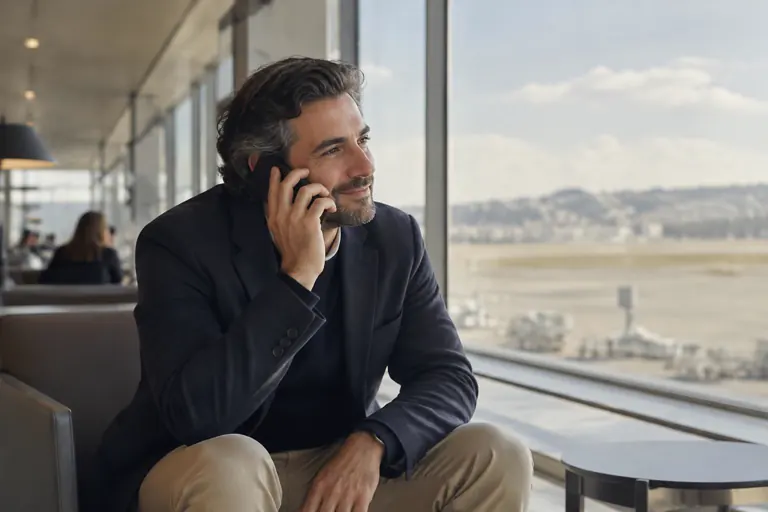 Filho no estrangeiro mantém contacto com os pais em Portugal através do telefone.