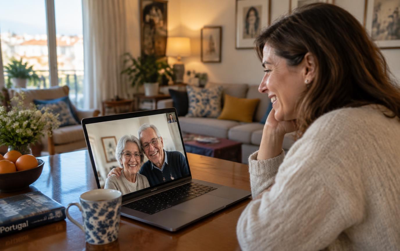 Filha adulta em videochamada com os pais