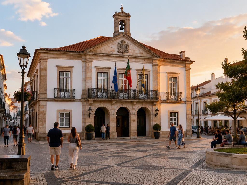 Edifício de uma câmara municipal numa praça portuguesa