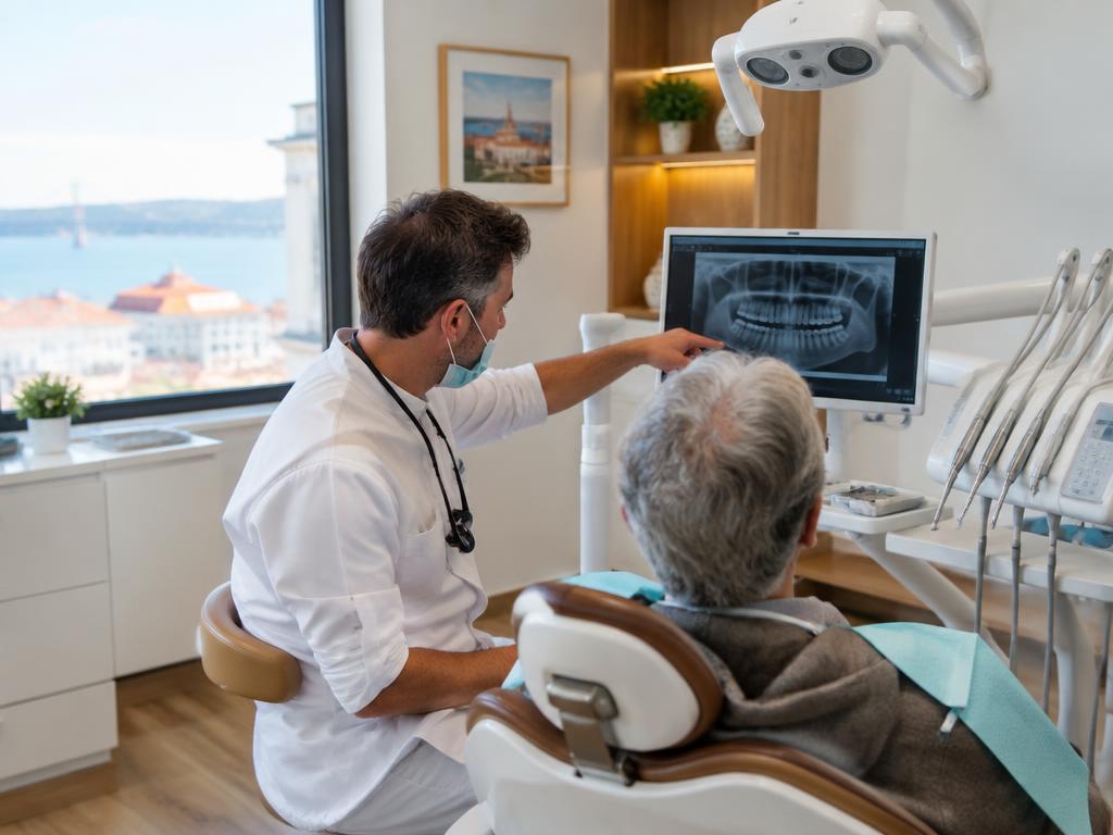 Dentista a mostrar uma radiografia a um paciente sénior