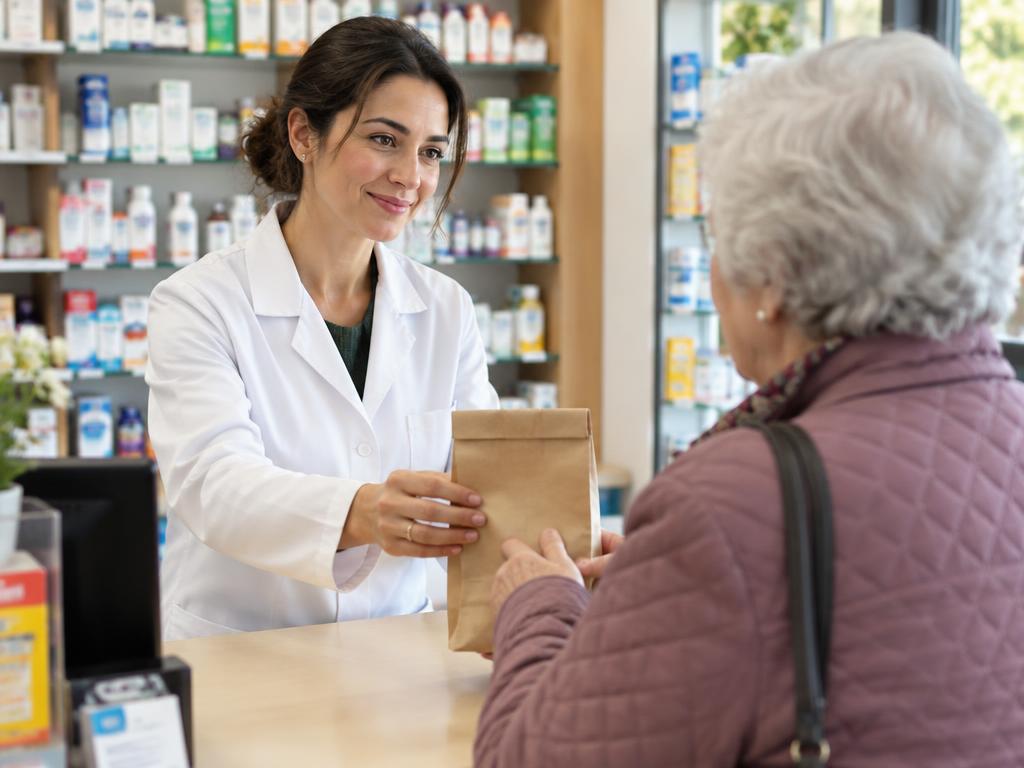 Farmacêutica a entregar medicação a uma utente
