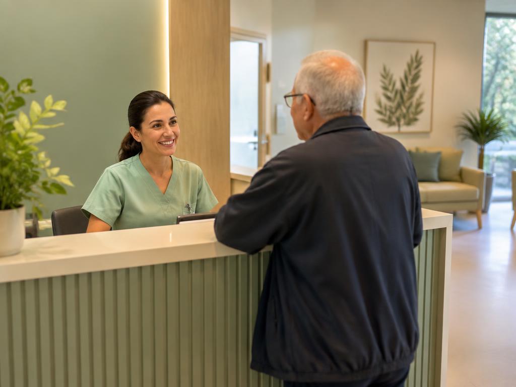 Enfermeira a receber um utente na receção de uma clínica
