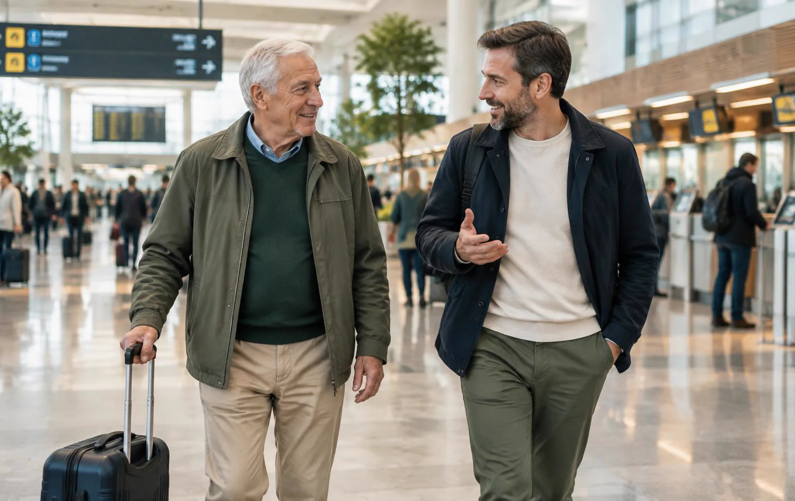Familiar acompanhado por uma pessoa de confiança na zona pública de um aeroporto.
